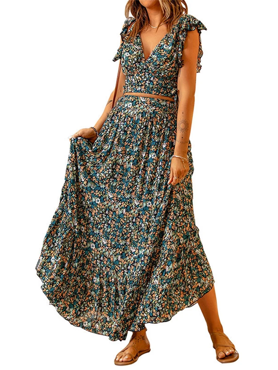 

Женский летний комплект из 2 предметов, укороченный топ с V-образным вырезом и длинная юбка с цветочным принтом