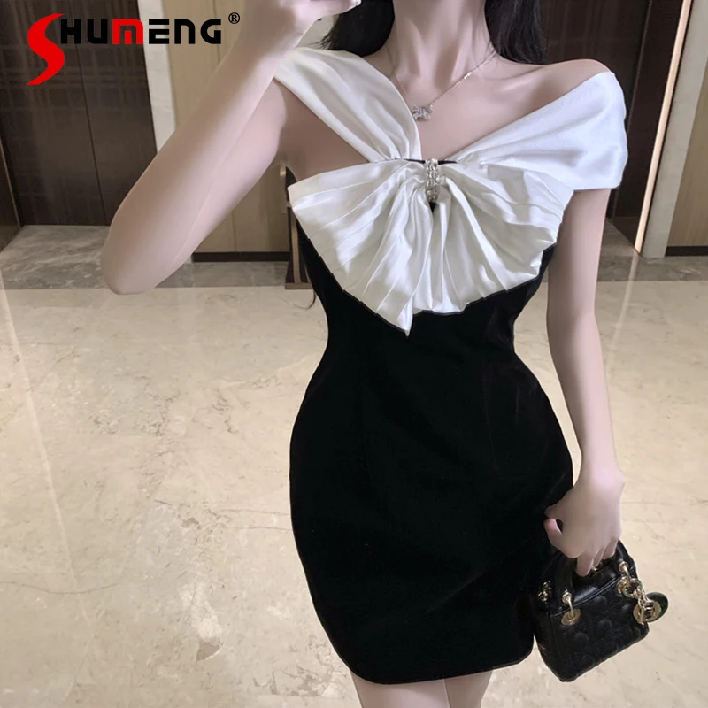 

Classic Style Contrast Color Bow Diamond Slim Waist Spaghetti Straps Dress Women's 2022 Summer Fashion Fairy Elegant Black Dress