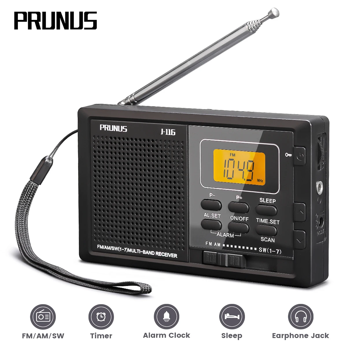 

RUNUS J-116 AM/FM/SW 9 Band Portable Radios Receiver 12/24 H Time Display Digital Radio Alarm Clock Sleep Backlight 2 AA Battery
