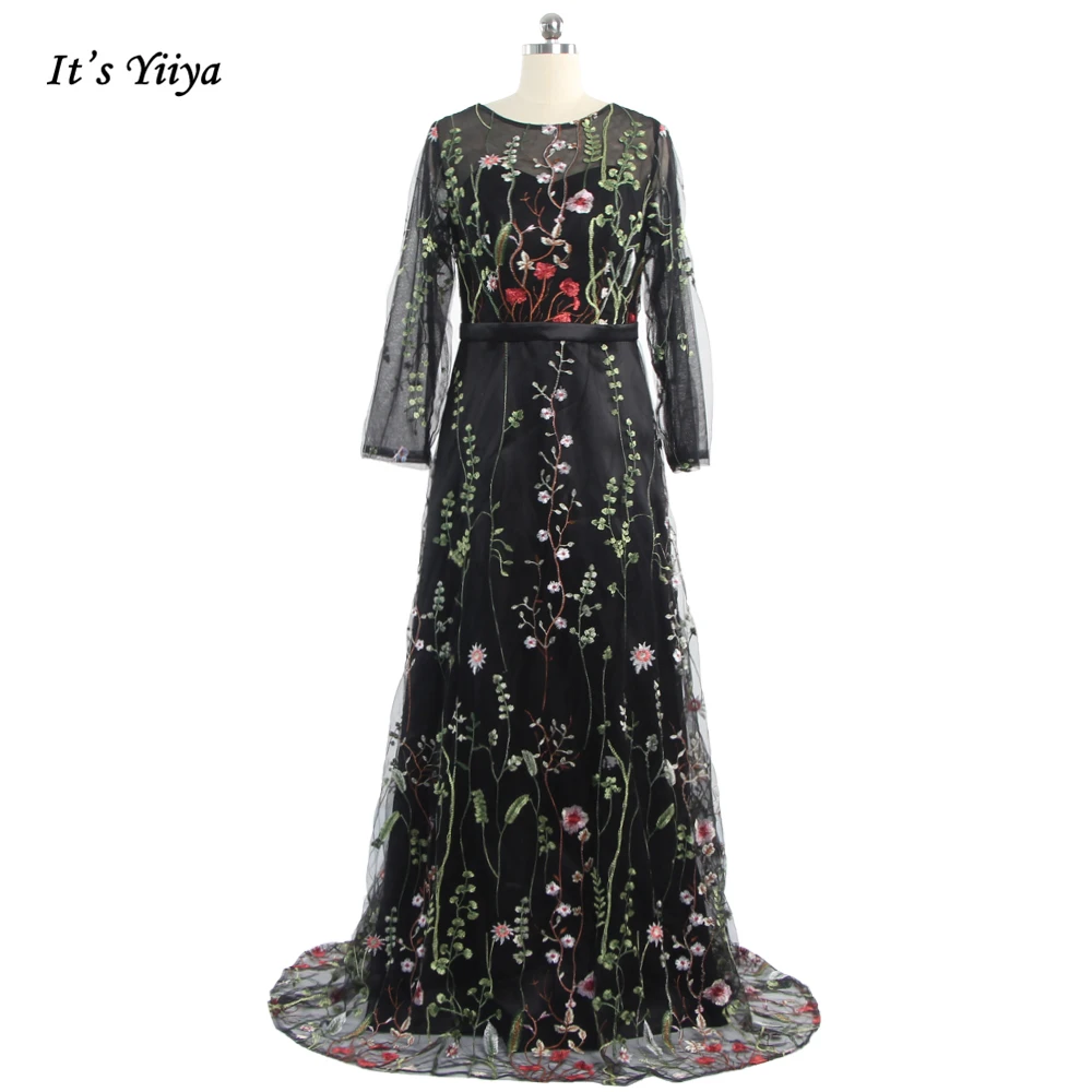 

It's YiiYa Evening Dresses Black Floral Full Sleeves Illusion Zipper Back Floor Length Plus size Women Party Formal Dress LX102