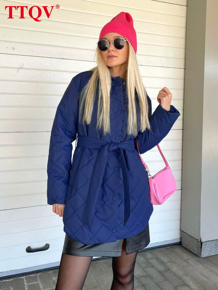 

TTQV Elegant Blue Lapel Winter Jacket Women 2023 Casual Long Sleeve Lace-up Coat Fashion Thickening Warm Solid Jacket Streetwear