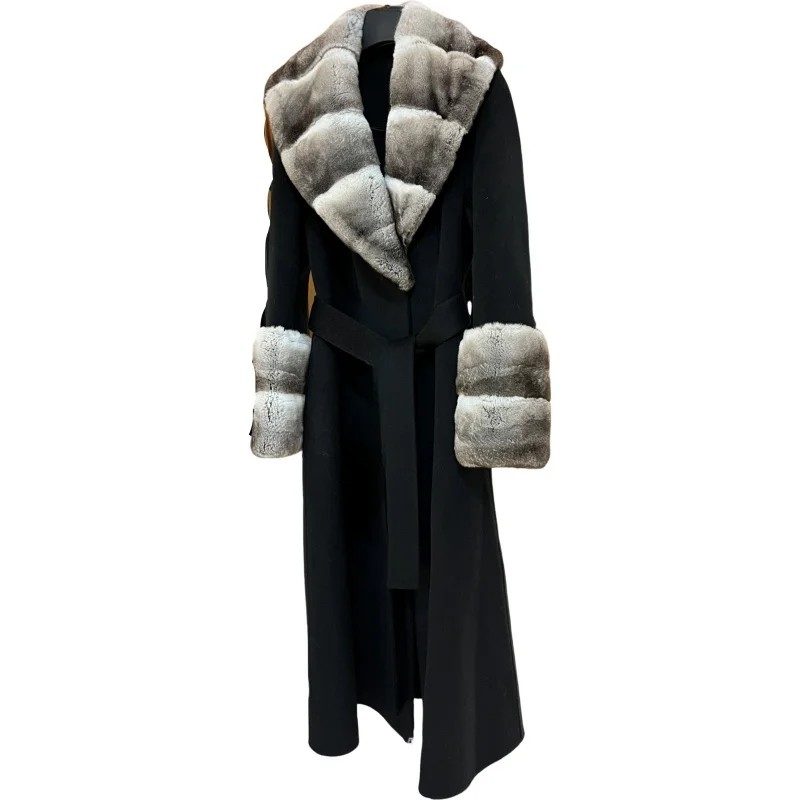 Новинка осени/зимы 2024 двустороннее кашемировое пальто с синим меховым