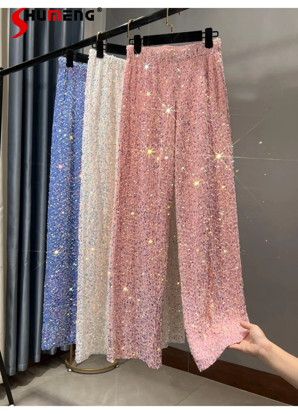 

Autumn Winter New Korean Velvet Sequined Wide-Leg Pants Lengthened Drooping Slimming Mop Pants Shiny Casual Straight Trousers