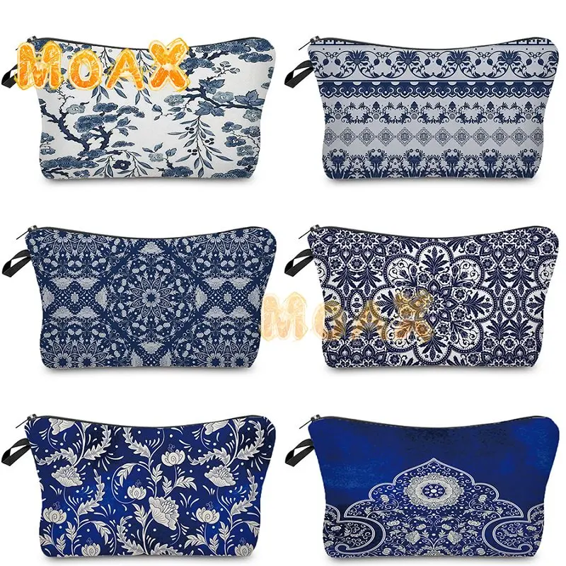 

Elegant Ladies Girls Cosmetics Bag Floral Porcelain Geometric Abstract Pattern Makeup Bags Pretty Coin Purse Retro Accessories