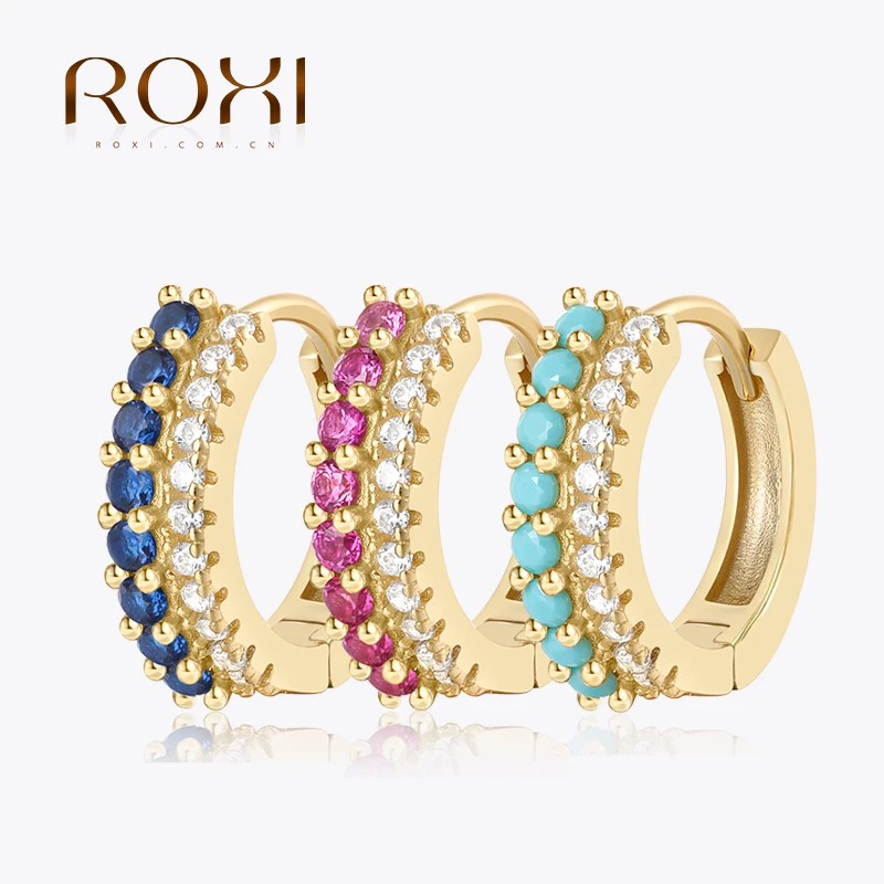

ROXI 925 Sterling Silver Ear Buckle Double Row Mixed Color Cubic Zirconia Luxury Turquoise Huggie Hoop Earrings For Women 9mm