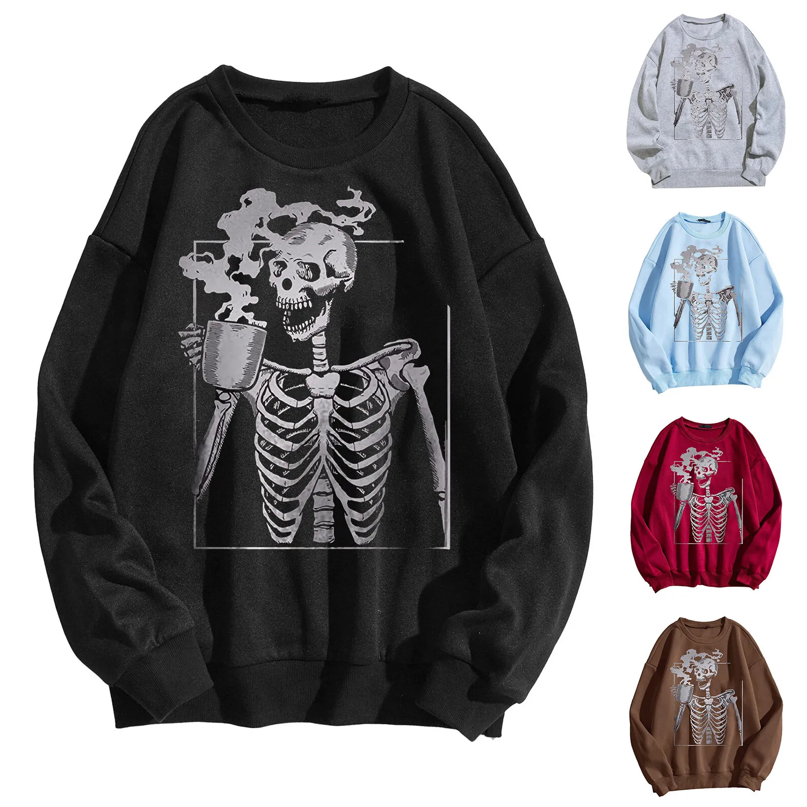 

Drinking Tea Skull Skeleton Funny Women Sweatshirts Pullovers Long Sleeve Y2K Sweatshirts Tops Clothes Winter Moletom Feminino