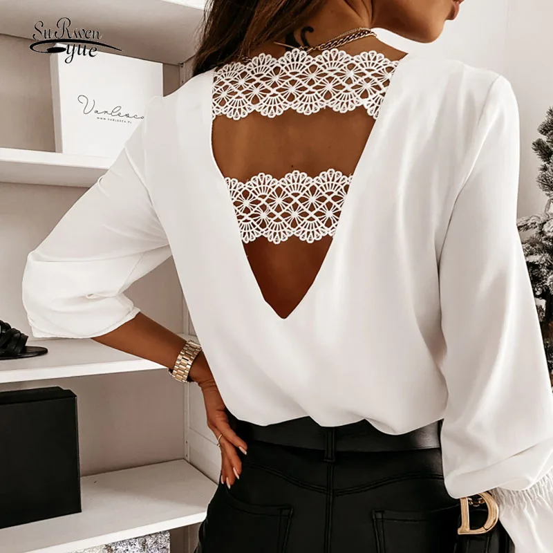 

Hollow Lace Stitching Shirt Fashion Sexy Spring and Autumn Long-sleeve Shirt V-neck Chic Back Korean Office White Blouse 12460