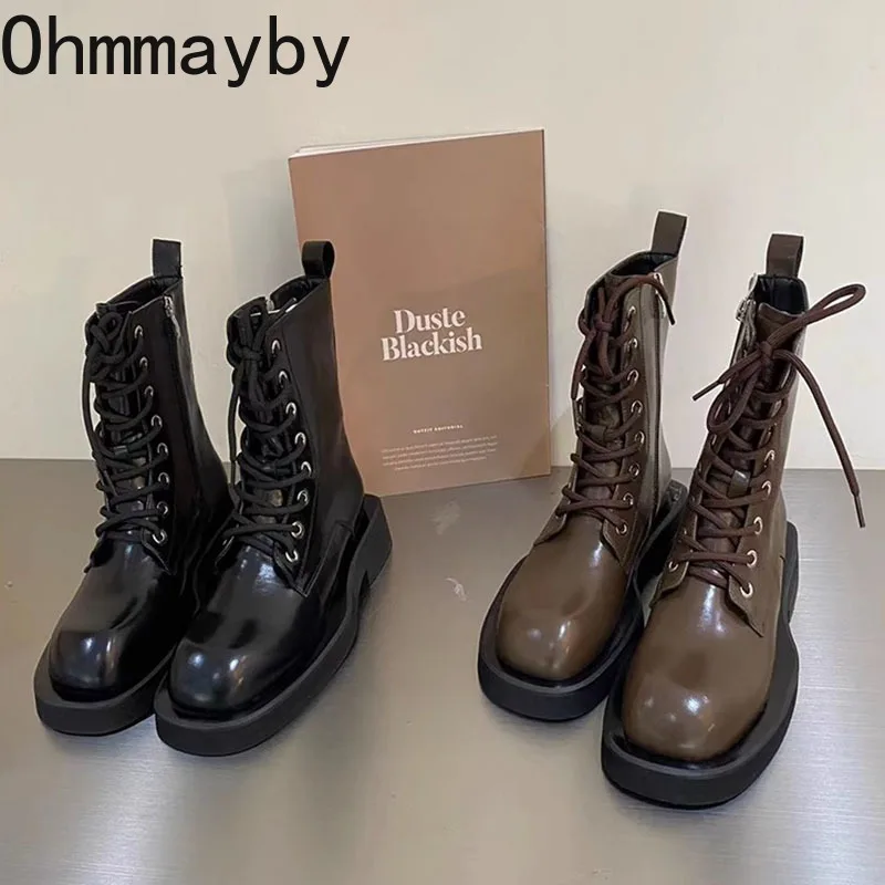 

2023 Winter Ankle Boots Women Shoes Fashion Lace Up Thick Bottom Shoes Ladies Elegant Motorcycle Bootties