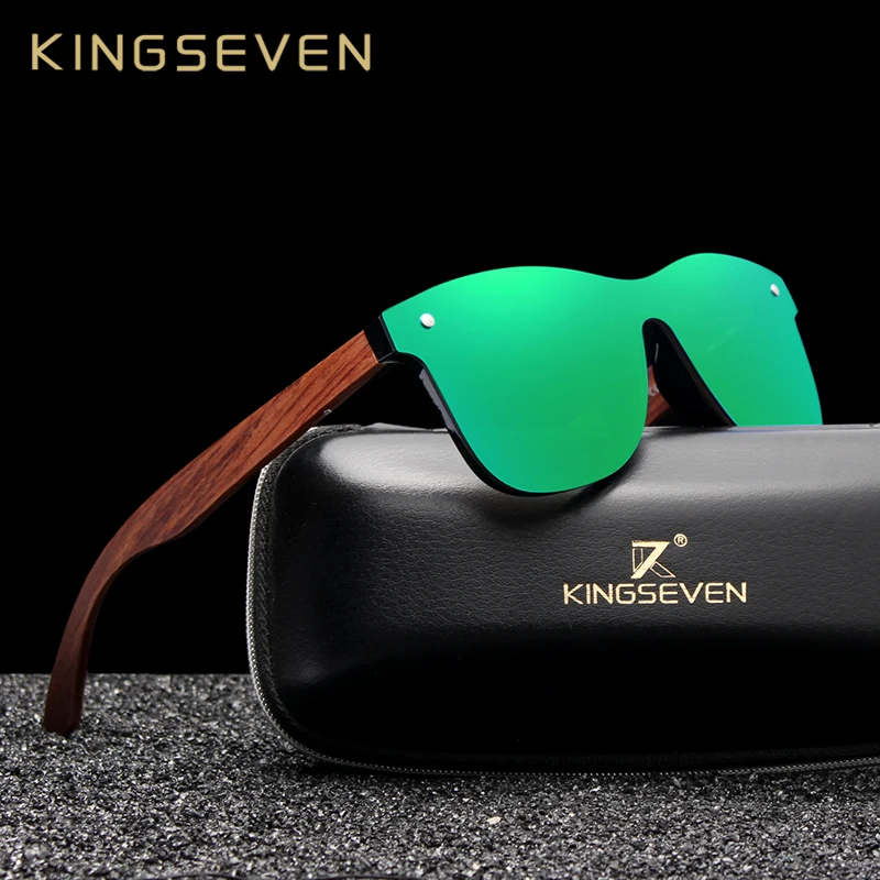 Фото Солнцезащитные очки KINGSEVEN с деревянными зеркальными линзами для мужчин и женщин, Поляризационные солнечные аксессуары в стиле ретро без оп... №1