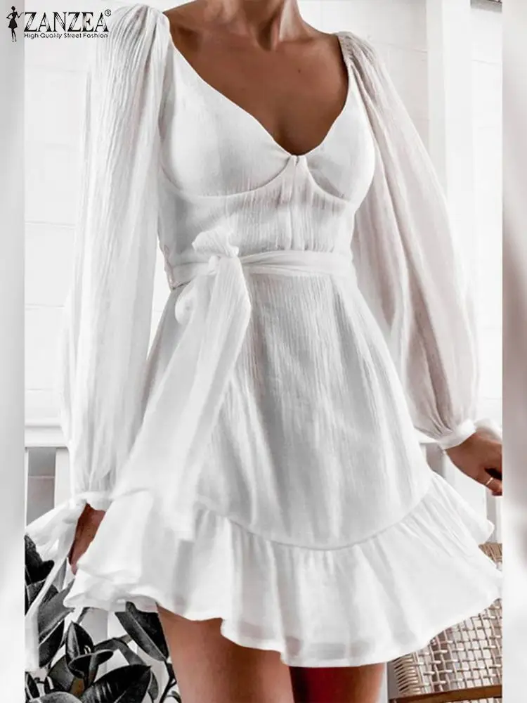 

Elegant Party Dress Women Ruffles Dress 2022 ZANZEA Puff Sleeve Bohemian Holiday Summer Sundress Female Casual V Neck Vestidos