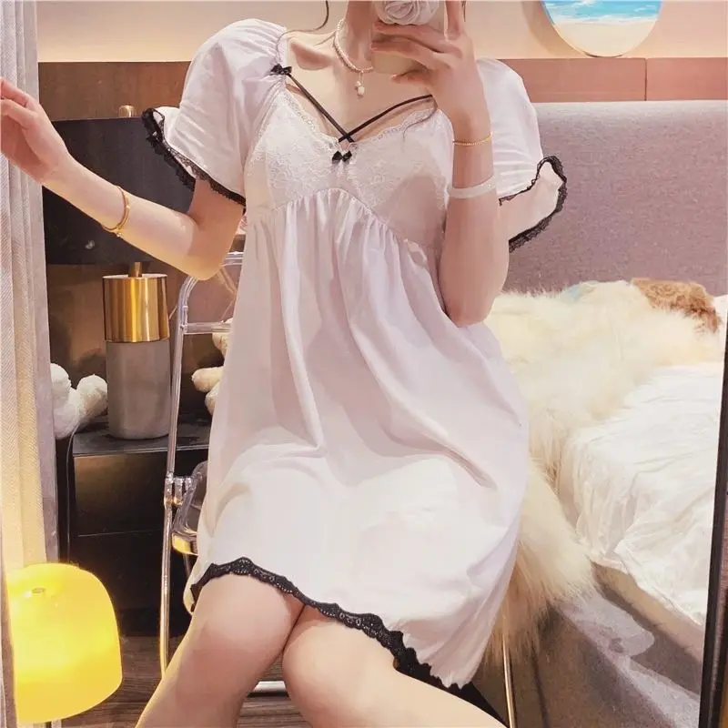 Lace Nightdress Princess Style Girls Pajamas Summer Night Wears for Women Sleepwear Solid Short Sleeve White Sweat Home Clothes