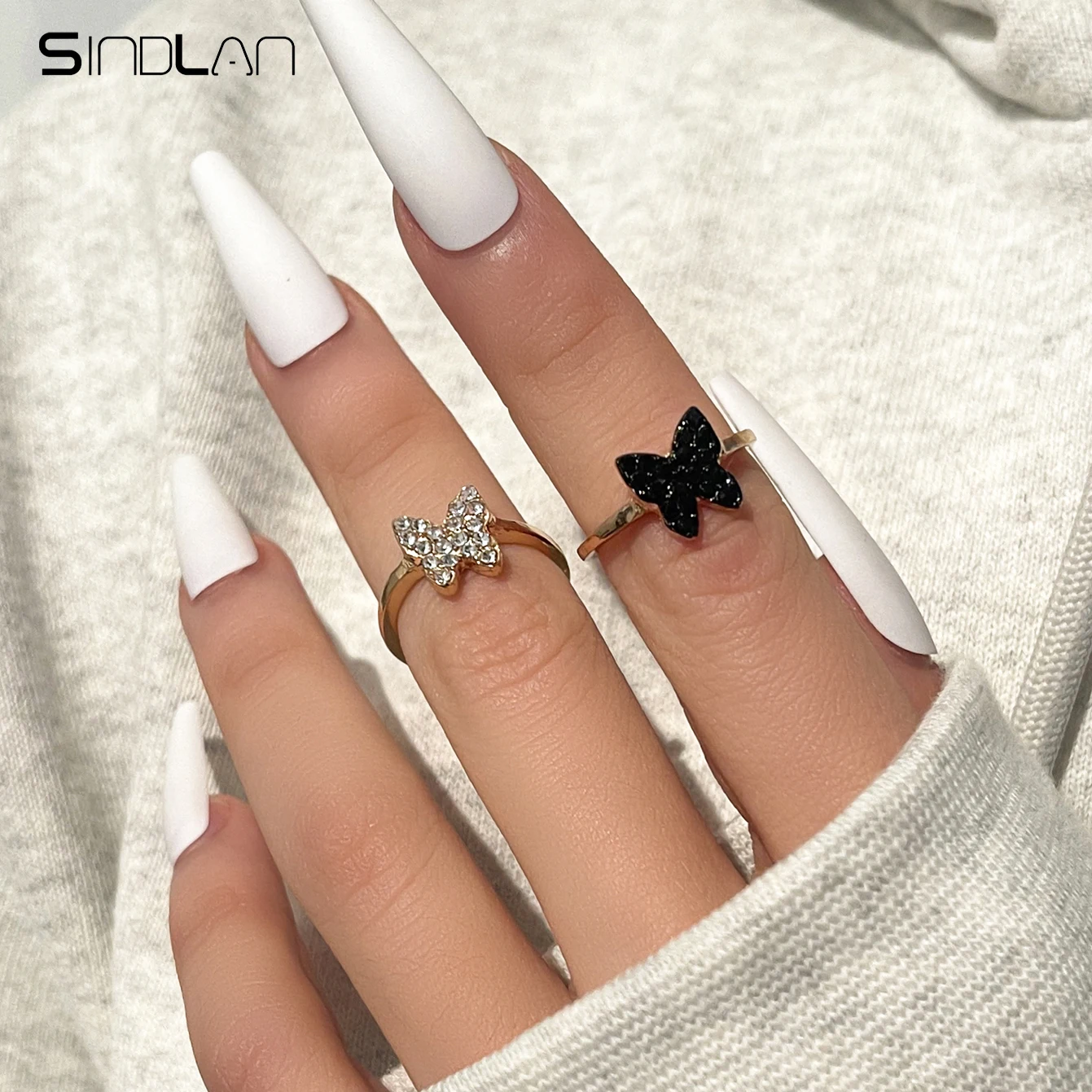 

Sindlan 2Pcs Kpop Gold Color Butterfly Rings for Women Aesthetic Cute Crystal Set Female Y2k Fashion Jewelry Anillos Mujer Bague