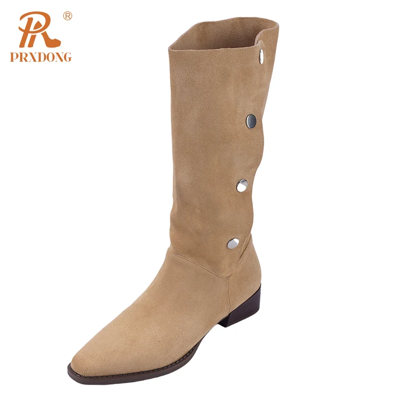 

PRXDONG Women's 2023 Autumn WInter Shoes Low Square Heels Pointed Toe Black Apricot Dress Party Casual Mid Calf Boots Size 34-40