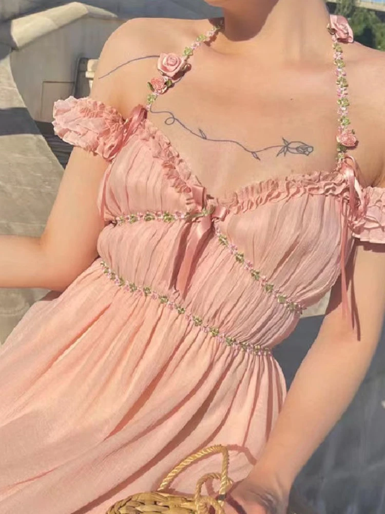 

Summer Pink Casual Beach Fairy Dress 2022 Boho France Elegant Strap Dress Women Chiffon Korean Style Sweet Party Midi Dress New