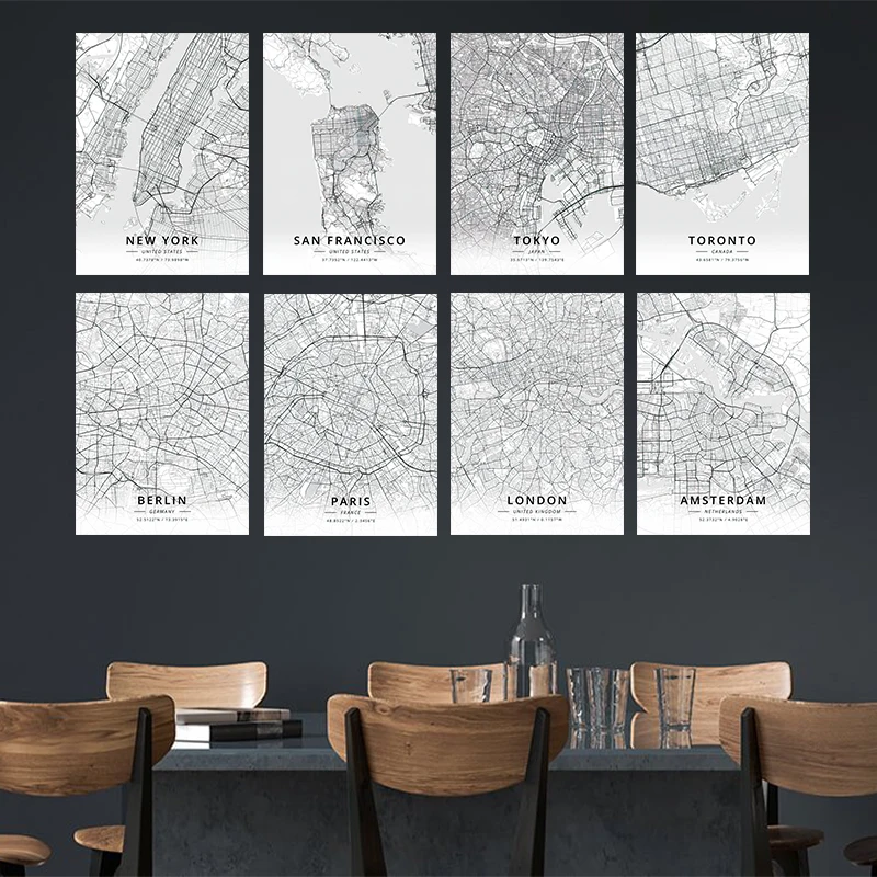 

New York Moscow Paris Wall Art Canvas Poster Black and White World City Map Prints Nordic Style Painting Picture for Living Room