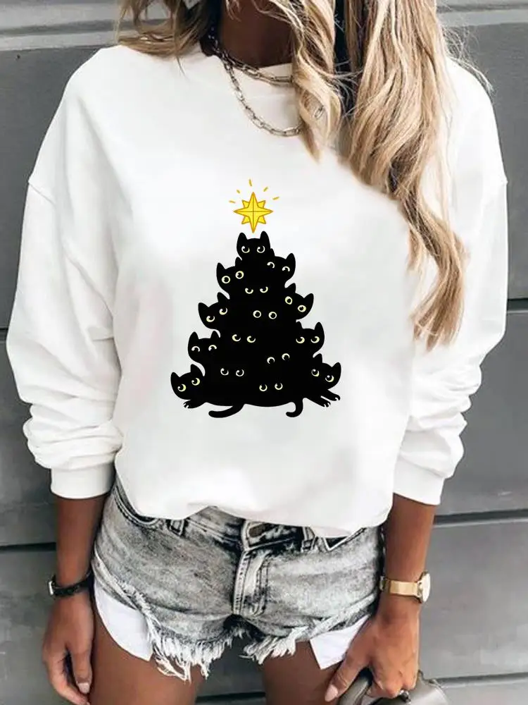 

Cat Star Tree Cute Happy New Year Fashion Merry Christmas Pullovers For Women Printing Graphic Sweatshirts Female Clothing
