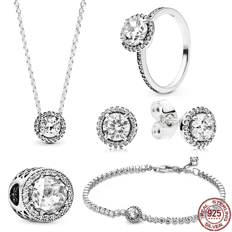

Classic 925 Sterling Silver Shiny Round Zircon Pendant Necklace Bracelet Exquisite Charm Jewelry Set Gift give Girlfriend