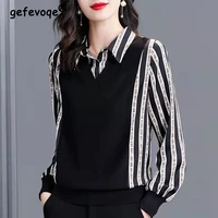 office lady knitted fake two pieces striped printed shirt spring autumn fashion polo neck long sleeve blouse womens clothing