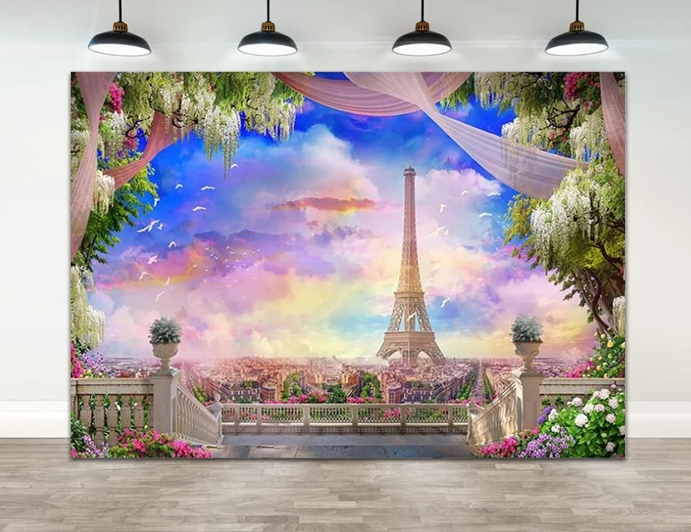 

Paris Eiffel Tower Natural Scenery Photograph Backdrops Sky Clouds Garden Birthday Wedding Party Decoration Background Photocall