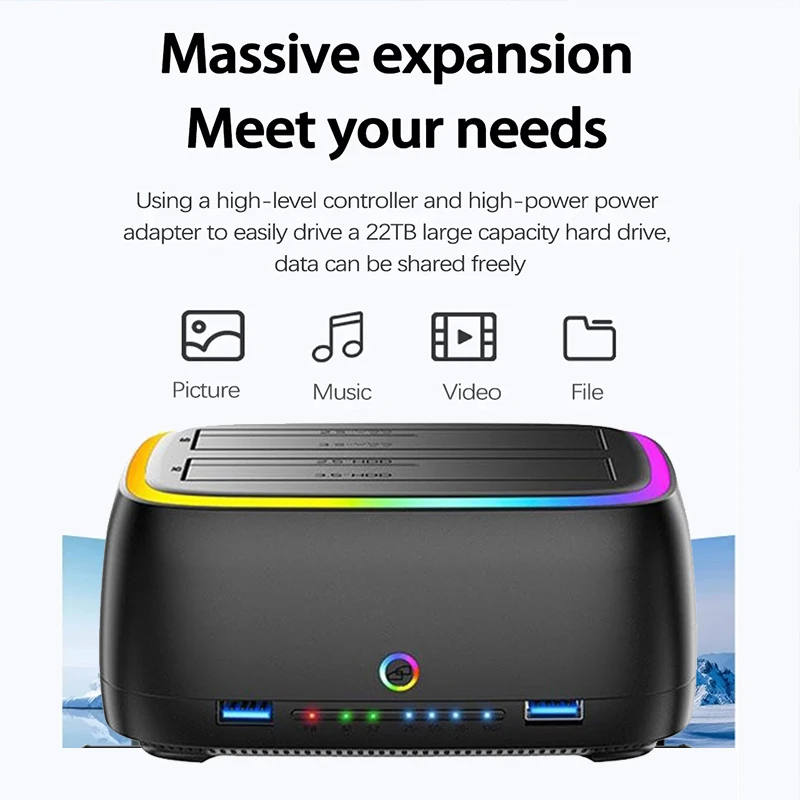 Фото Док-станция RGB с двумя отсеками для жесткого диска, адаптер SATA-USB 3.0 для корпуса жесткого диска 2,5/3,5 дюйма, автономный клонированный корпус одним щелчком мыши №5