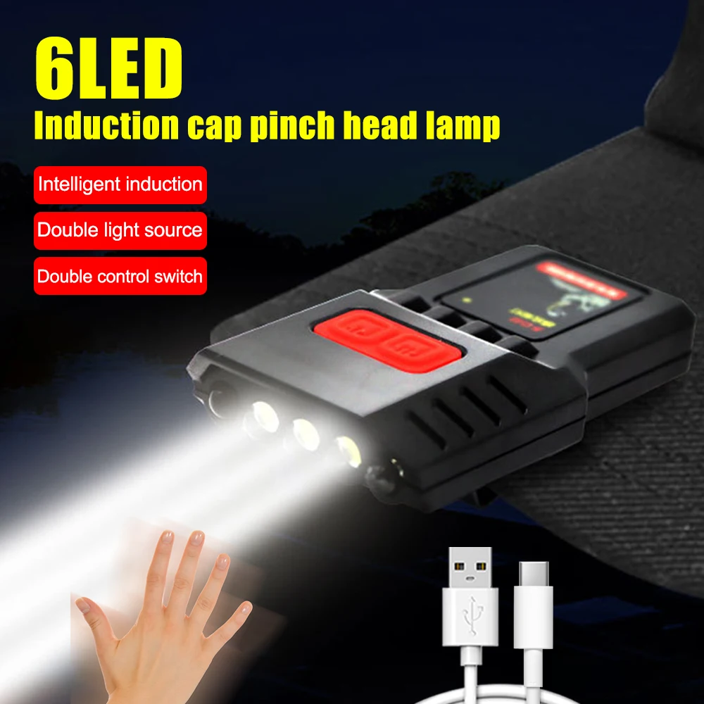 Mini LED Sensor Hat Clip Light Induction Headlight USB Rechargeable Fishing Headlamp Waterproof Built-in battery Head Flashlight