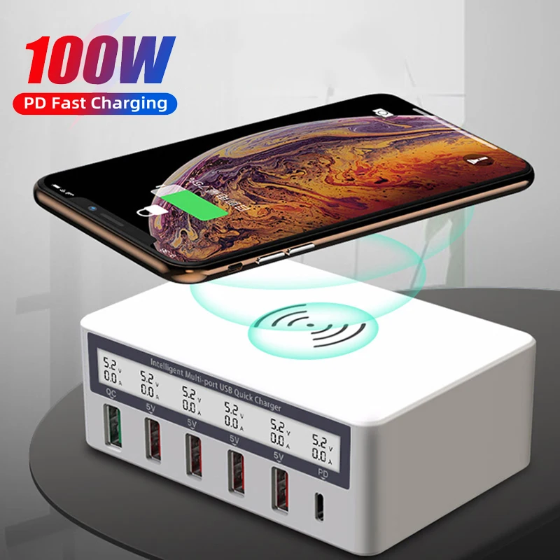 

100W Multi USB Charger Hub PD Quick Charge 3.0 Qi Wireless Charger 6 USB Ports Fast Charging Station For iPhone 13 Xiaomi Huawei
