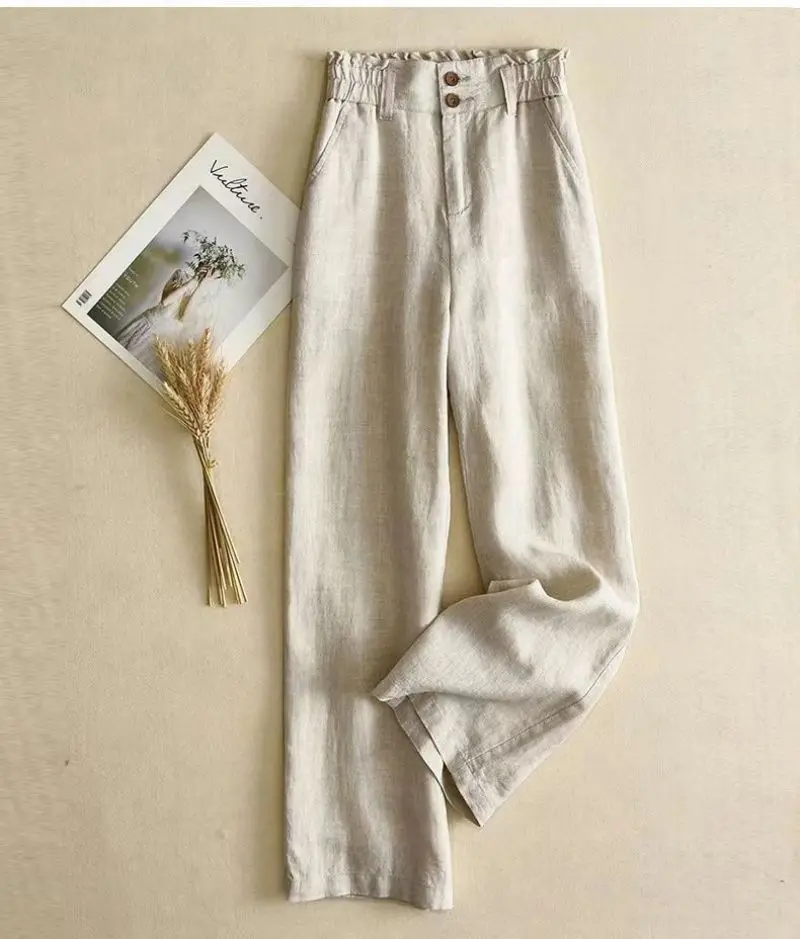 Cotton Linen Edible Tree Fungus Elastic High Waist Women's Pants Casual Loose Korean Fashion Buttons Full-length Pants for Women