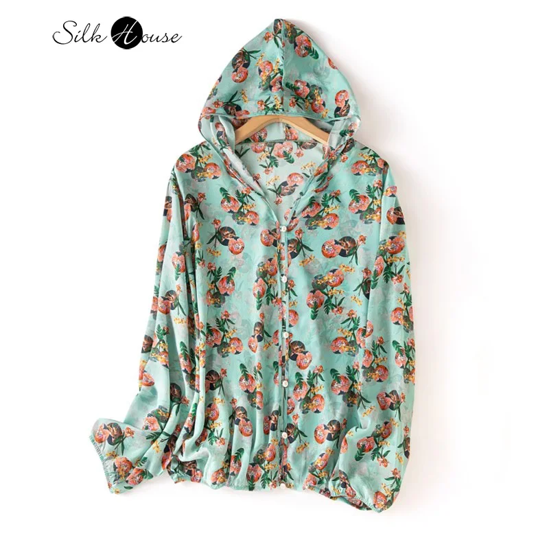 Женский кардиган с капюшоном тонкий Свободный из натурального шелка тутового