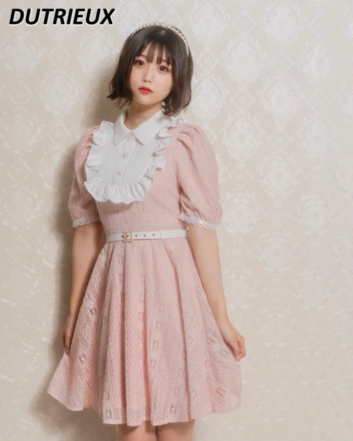 Japanese-Style Retro Sweet Girls Ruffled Lace Short Sleeve Dress Summer Polo Collar Solid Color Waist Short Dress for Women