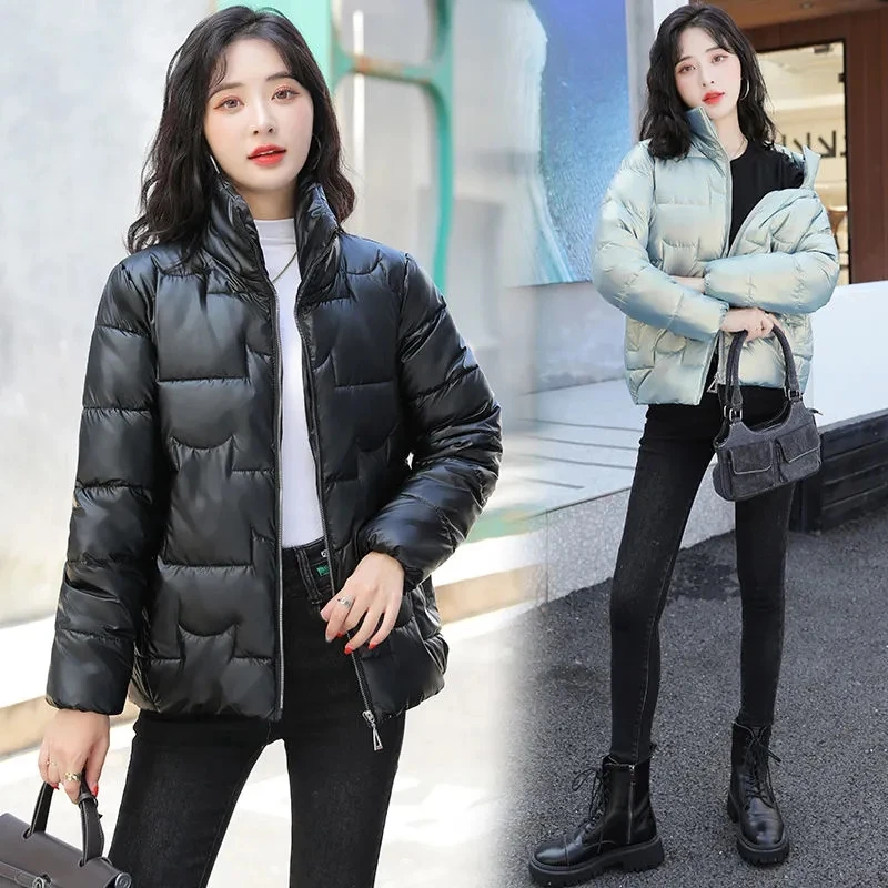 Fashion Glossy Stand Collar Snow Coat Women's Solid Warm Cotton Jacket Loose Zip Up Overcoat Winter Warm Windproof Hooded Parkas