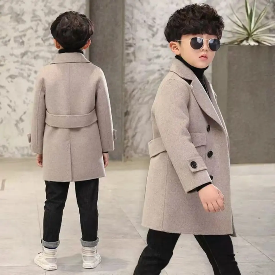 

New Fashion Plus Warm Kids Handsome Children's Coat Boy 2021 Solid Outerwear Jacket Outfits Autumn Wool Collar For Trench Blazer