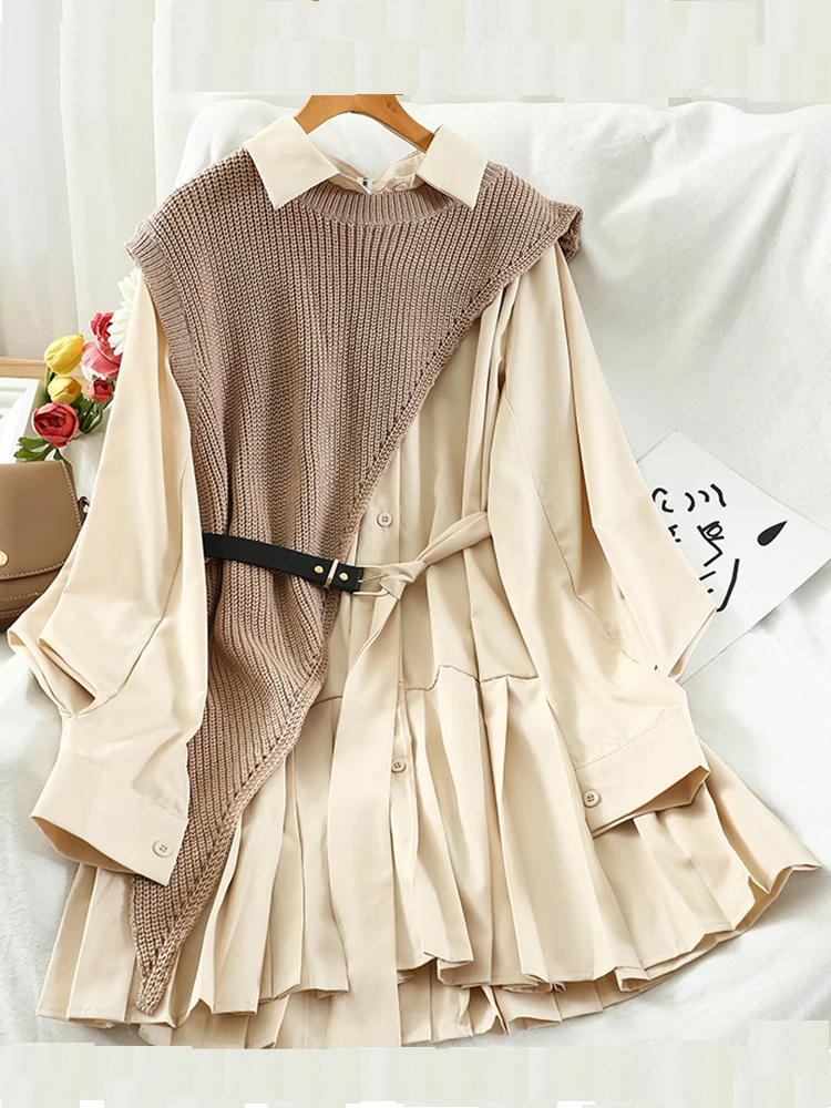 Женский костюм в японском стиле однобортное плиссированное платье с отложным