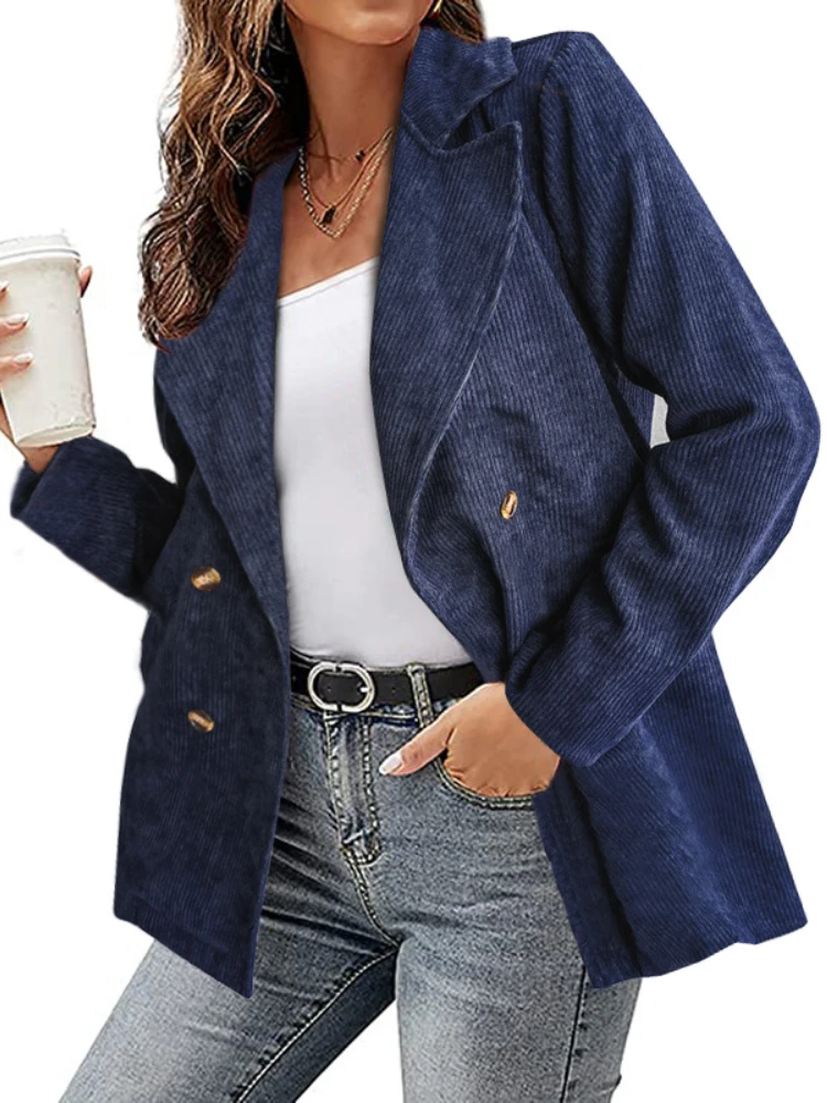 Spring New Women's Double-breasted Temperament Commuter Office Suit Jacket Solid Color Coat Casual Corduroy Women's Clothing