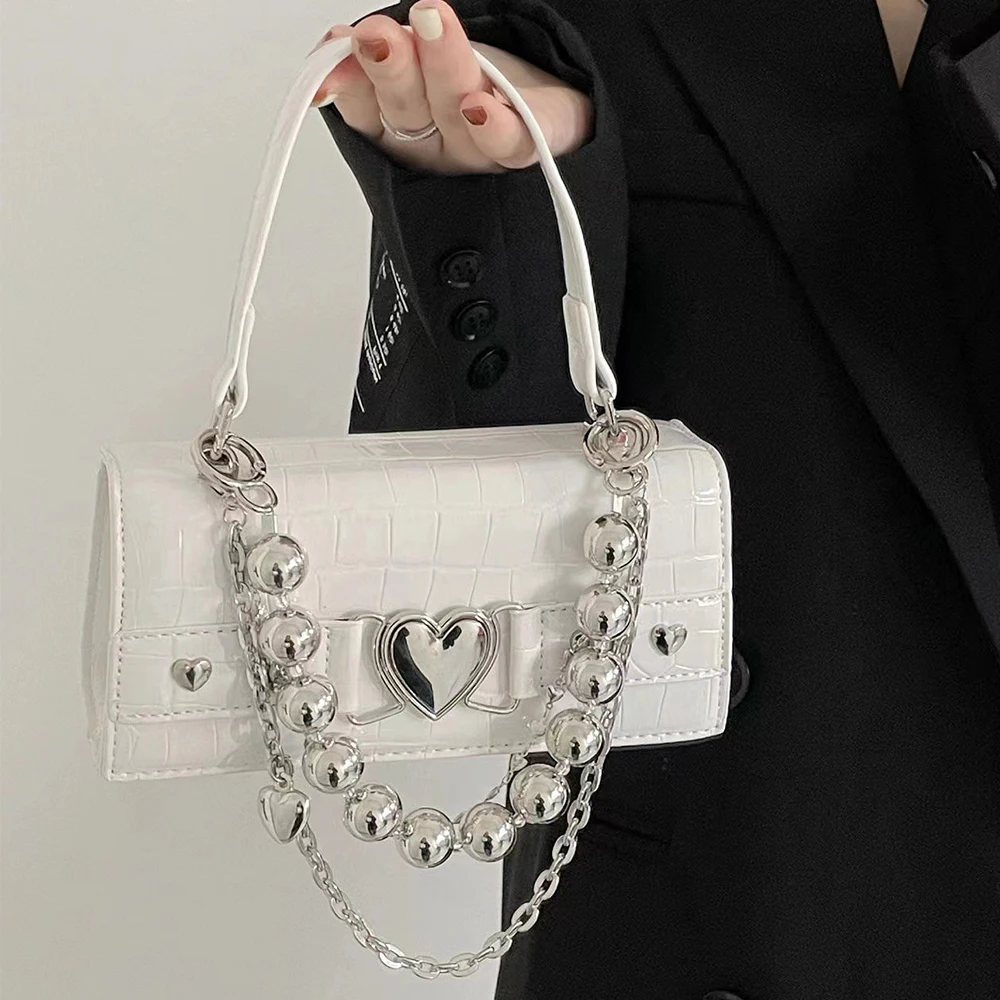 Fashion Alligator Women's Handbags Beading Chains Crossbody Bags for Women Heart Lock Catch Shoulder Bag Crocodile Pattern Flap