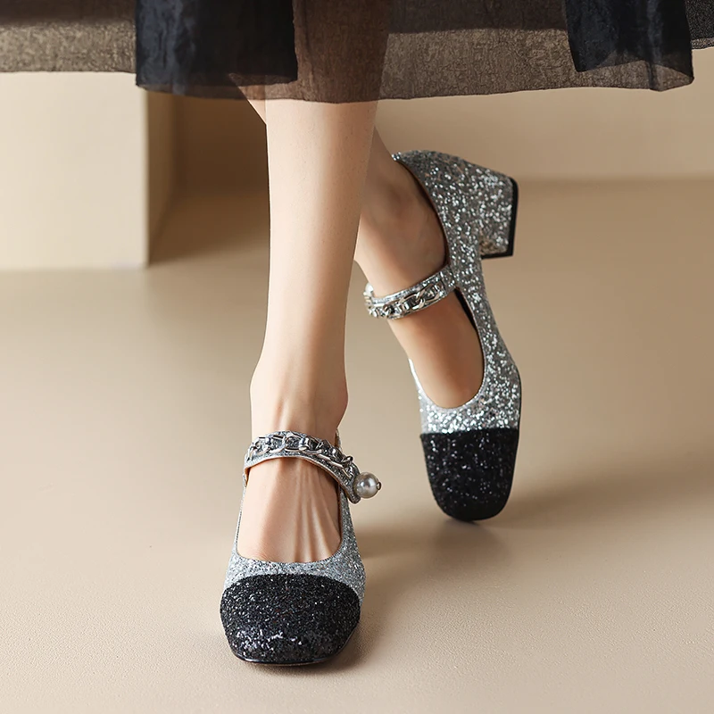 Square head spring and autumn women's shoes with sequin thin belt square heel thick heel high heel chain pearl women's shoes