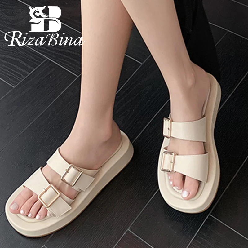 

RIZABINA Genuine Leather Women'S Sandals Buckle Slip On Outdoor Shoes Women Ins Fashion Slides Casual Ladies Footwear Size 34-39