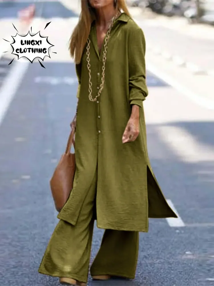 Элегантный длинный женский комплект с платьем на шнуровке и широкими брюками в