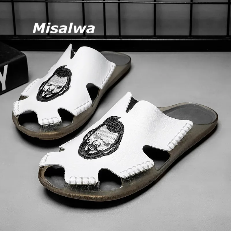 

Misalwa Leather Men Slides Indoor Slippers Plus Size Casual Embroidery Mens Sandals Summer Beach Outdoor Flat Shoes Cartoon