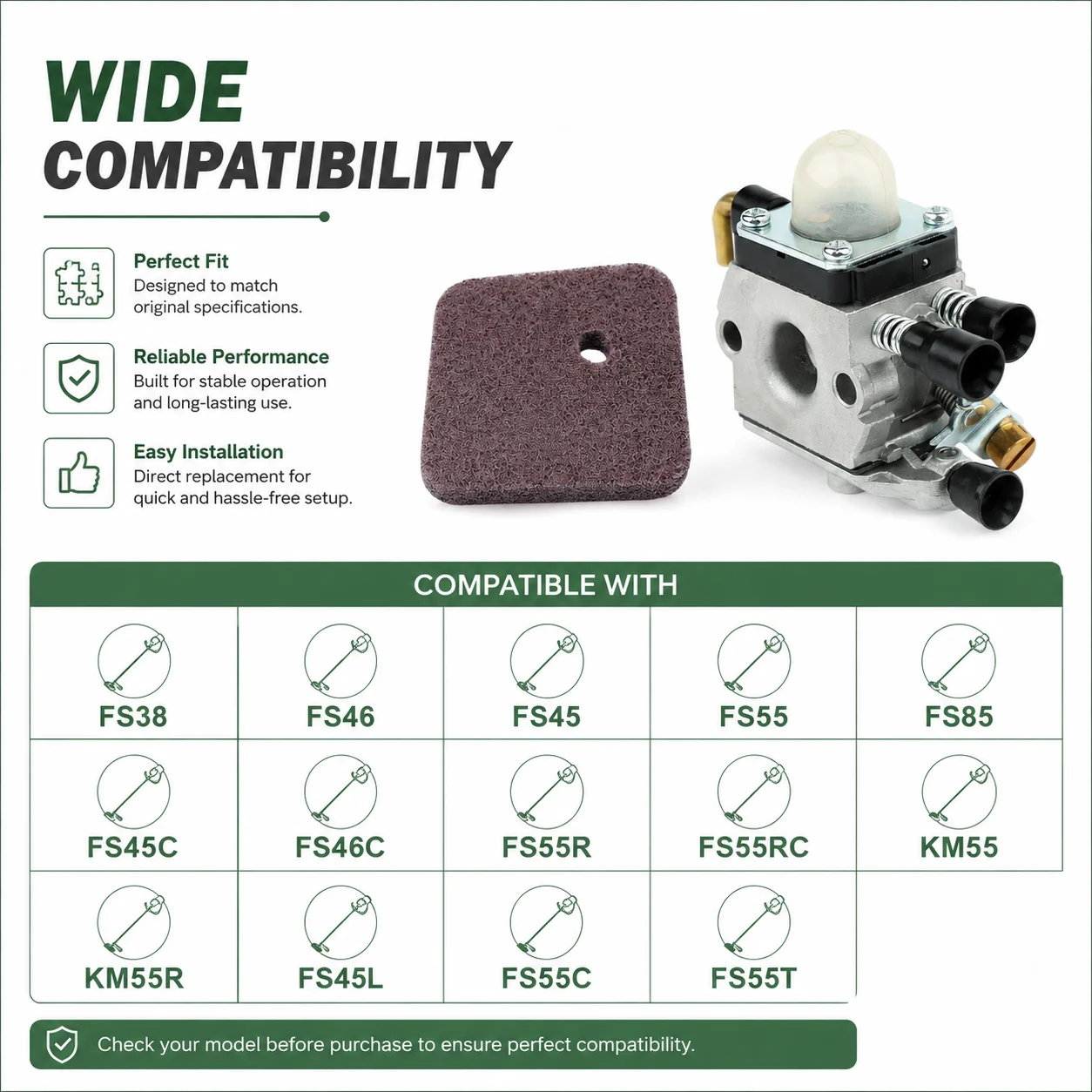 Фото Комплект для обслуживания карбюратора Stihl FS38 FS45 FS46 FS55 FS85 FS45C FS46C с воздушным фильтром, топливным шлангом и свечой зажигания, OEM 4140-120-0619 №3