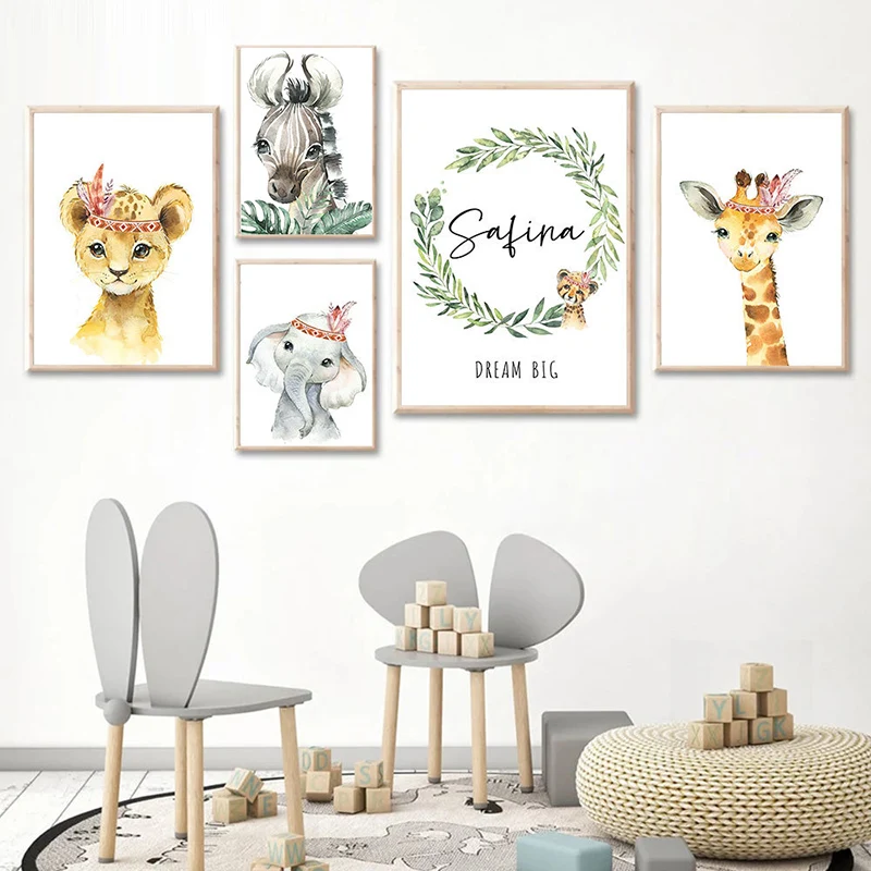 Постер с именем на заказ, изображения льва, животных, Пальмовые Листья, настенное искусство, Скандинавская детская елка, Художественная печать, постеры для детей