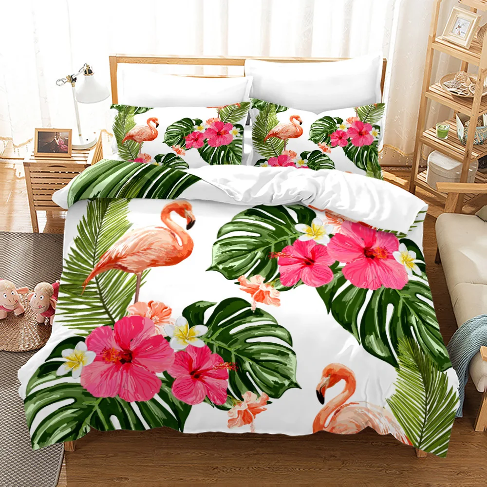 

Soft Green Leaves Floral Print Bedding Set For Kids Girls Tropical Pattern Design Bedroom Decorative Pink Flamingo Duvet Cover
