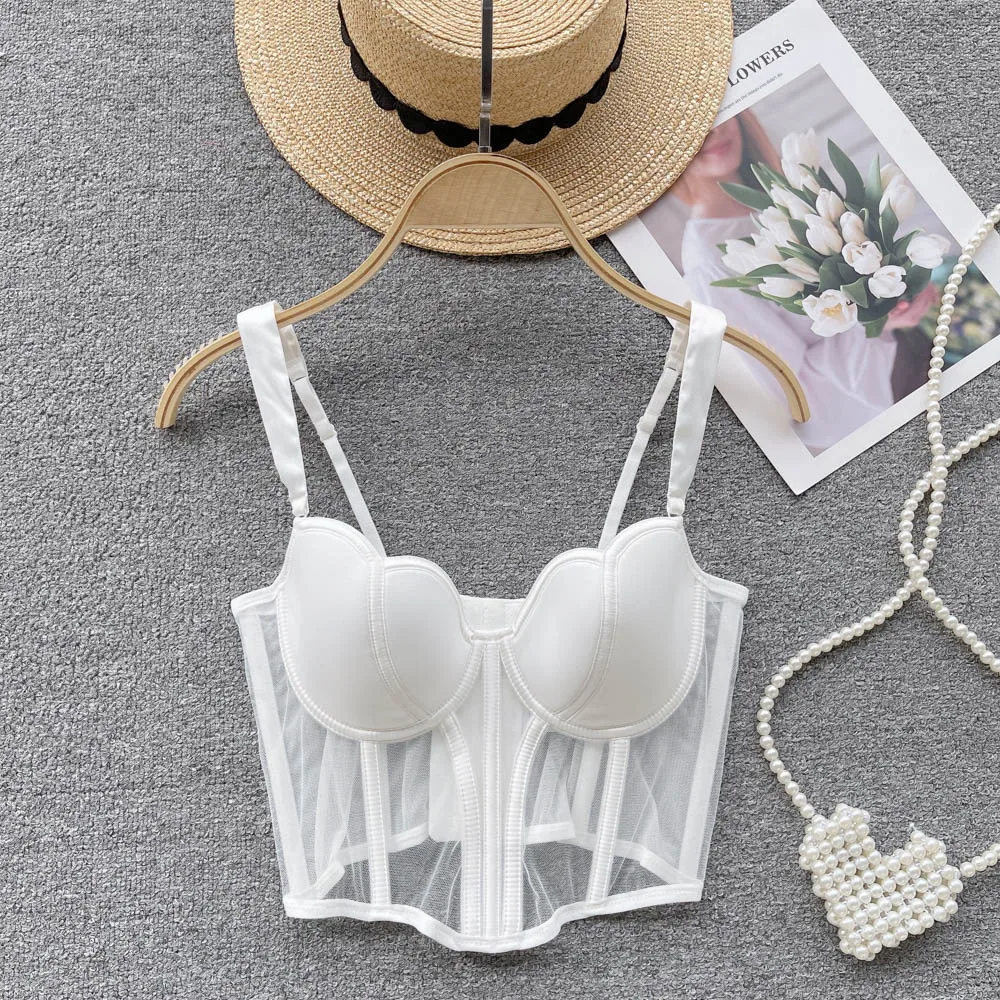 

Ladies Sexy Club Fish Bone Crop Top Mesh Splicing Sheer Hollow Out Backless Corset Hot Sweet Solid Sleeveless Slim Tank Tops