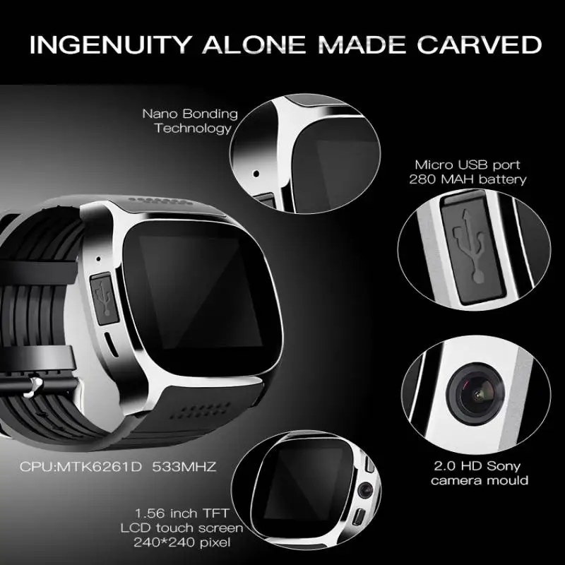 

T8 Smart Watch Bluetooth Fitness Tracker Sport Heart Rate Monitor Blood Waterproof With Metal Strap Sim TF Card for Android IOS