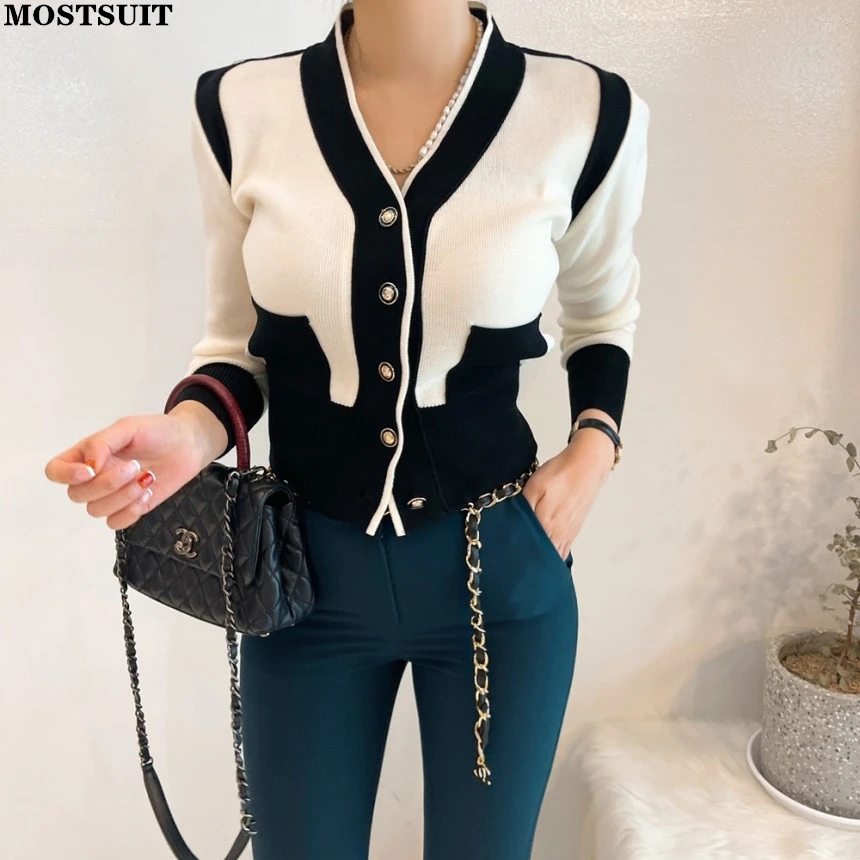 

2022 Autumn Korean V-neck Knitted Cardigan Sweater Women Contrast Color Long Sleeve Ladies Tops Jumpers Slim Fashion Knitwear