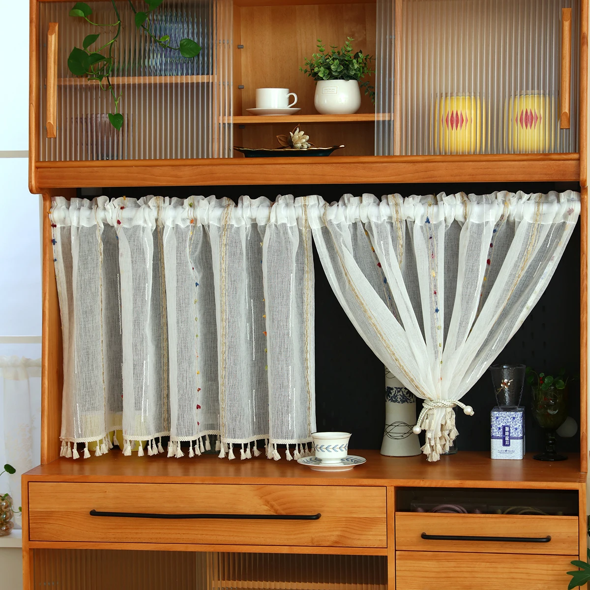 1 Шт. Простая Полосатая Короткая Подзорная Штора С Карманом Для Стержня Кухонное