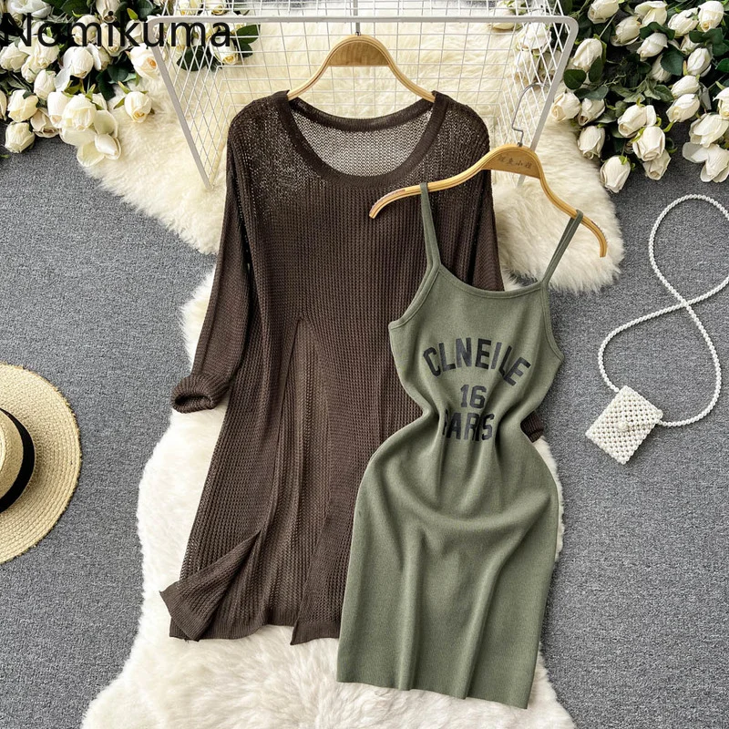 

Nomikuma Dresses for Women 2022 Summer 2 Piece Set Letter Print Hollow Out Knitted Loose Robe Femme Elegant Casual Robe Longue