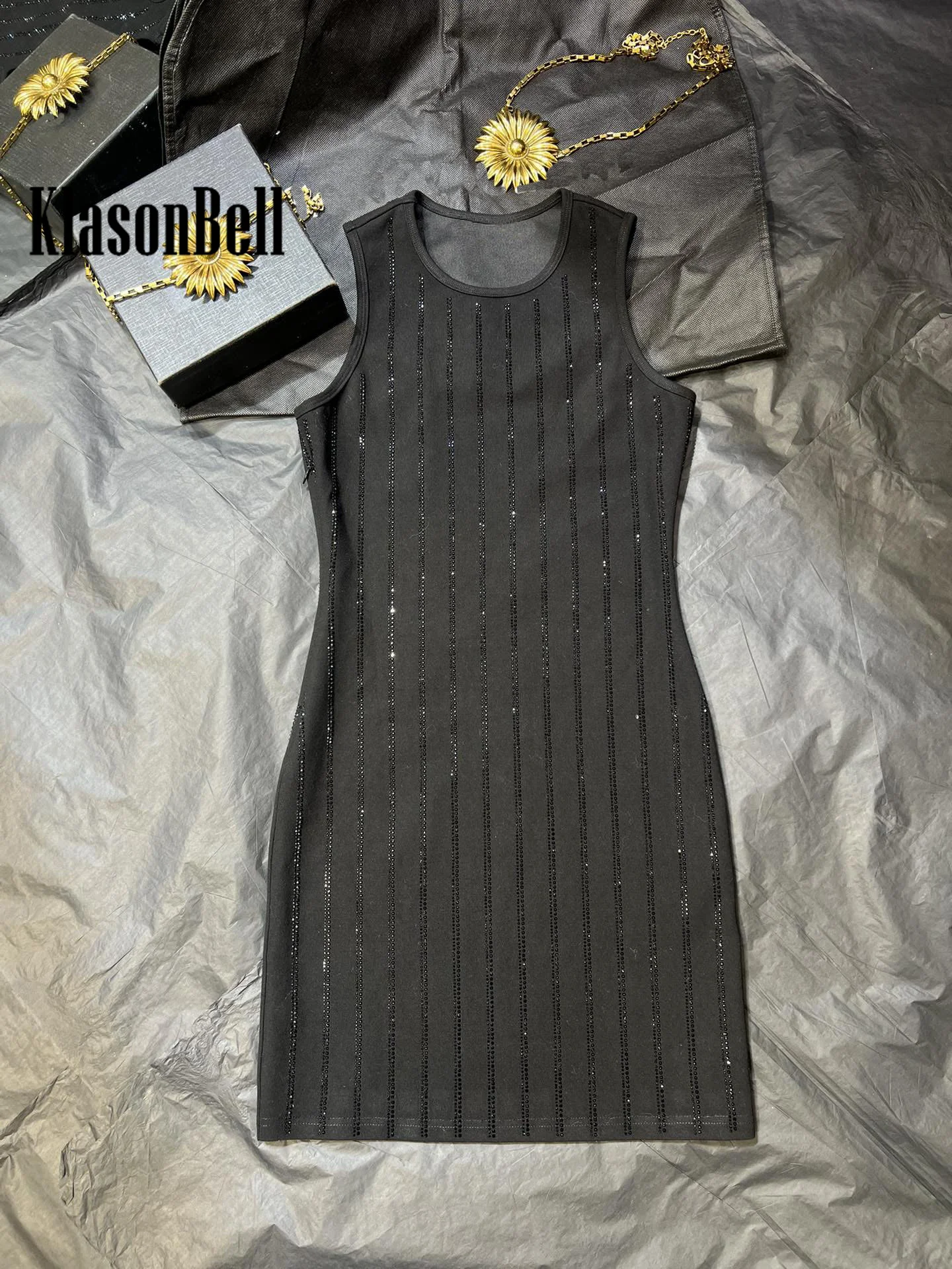 1.13 KlasonBell Черное вечернее блестящее женское мини-платье без рукавов в полоску со