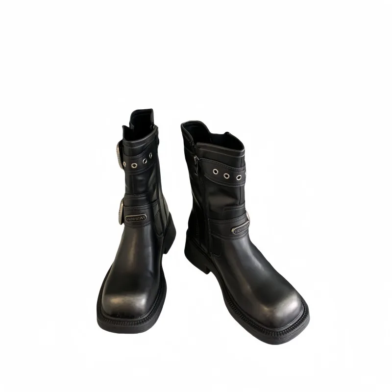 Женские черные сапоги-гладиаторы до середины икры на молнии круглый носок