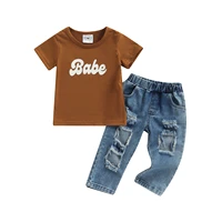kids baby girls long jeans outfits short sleeve letter printed round neck t shirt ripped hole elastic waist pants set