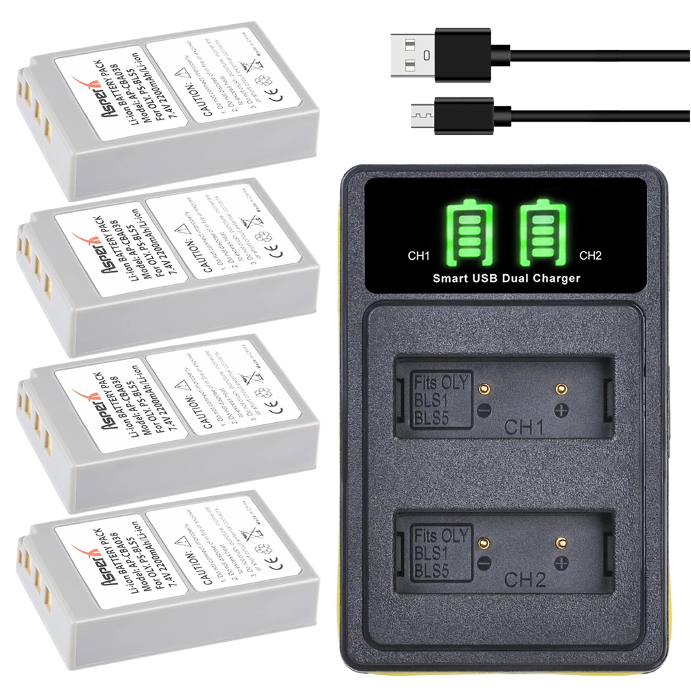 4x2200mAh BLS-5 BLS5 BLS 5 PS-Batterie BLS5 BatBR + Chargeur USB pour Olympus OM-D E-M10 PEN E-PL2 E-PL5 E-PL6 E-PM2 Stylet 1